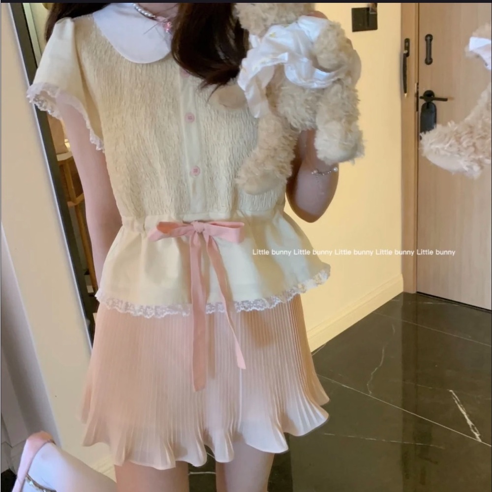 Pastel Yellow Japanese Kawaii Ballet Cottage Pink Ribbon Button Down Shirt Top
